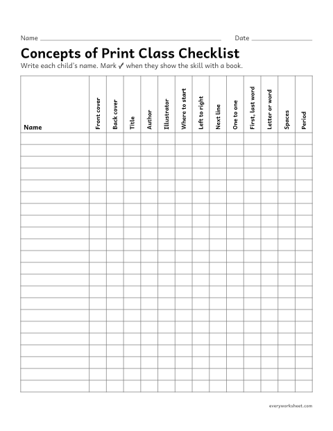 Preview of the printable “Concepts of print class checklist” worksheet: tracking concepts of print for a whole class