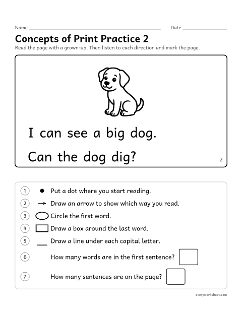Preview of the printable “Concepts of print practice 2” worksheet: finding where to start, which way to read, words, letters and sentences