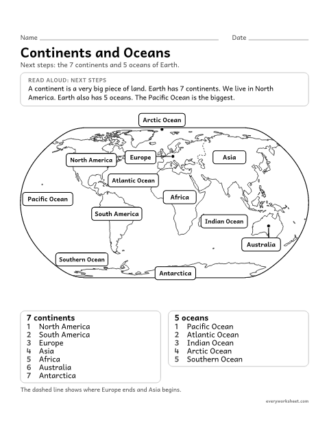 Preview of the printable “Continents and oceans map (Next Steps)” worksheet: naming the 7 continents and 5 oceans on a simple world map (a next step after land and water)