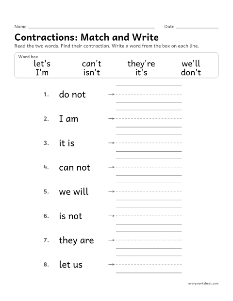 Preview of the printable “Contractions: match and write (No Cutting)” worksheet: writing each contraction next to its two words