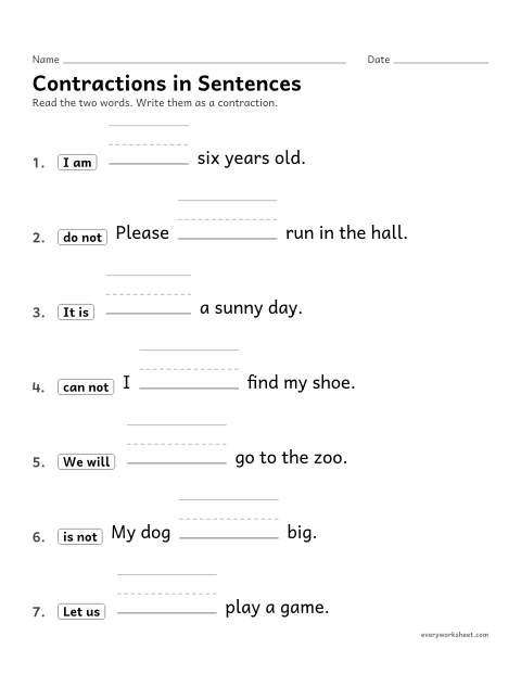 Preview of the printable “Contractions in sentences” worksheet: writing contractions in sentences