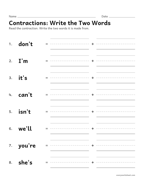 Preview of the printable “Contractions: write the two words” worksheet: writing the two words a contraction is made from