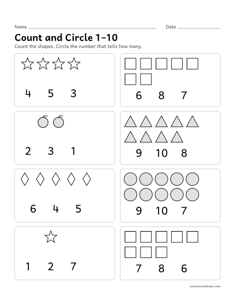 Preview of the printable “Count and circle 1–10” worksheet: counting groups of 1 to 10 and matching the number