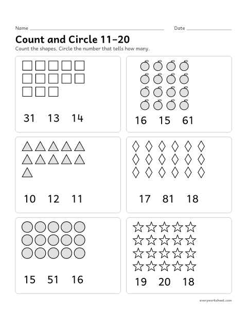 Preview of the printable “Count and circle 11–20” worksheet: counting arrays of 11 to 20 and matching the number