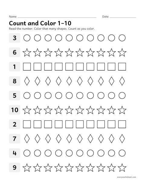 Preview of the printable “Count and color 1–10” worksheet: counting out 1 to 10 objects from a group