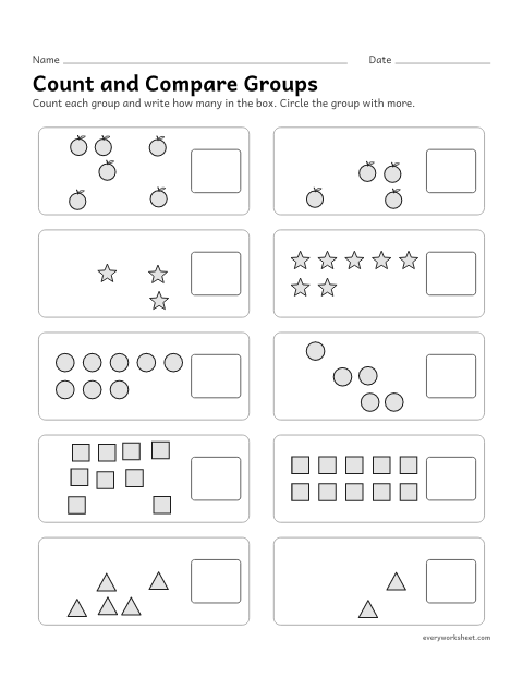 Preview of the printable “Count and compare groups” worksheet: counting two groups and finding the one with more