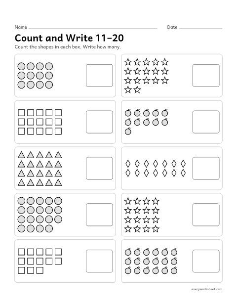 Preview of the printable “Count and write 11–20” worksheet: counting rows and arrays of 11 to 20 and writing how many