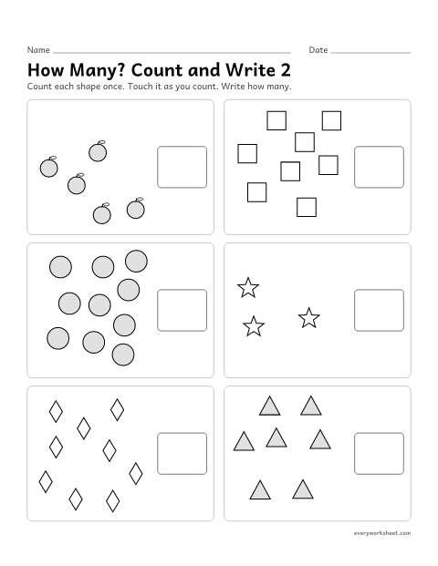 Preview of the printable “How Many? count and write 2” worksheet: counting scattered groups of up to 10