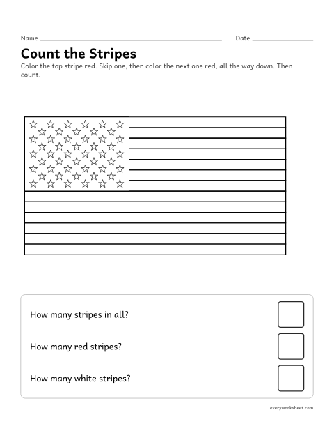 Preview of the printable “Count the stripes on the american flag” worksheet: counting the stripes on the American flag (13 in all, 7 red, 6 white)