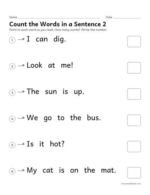 Preview of the printable “Count the words in a sentence 2” worksheet: reading left to right and counting the words in a sentence