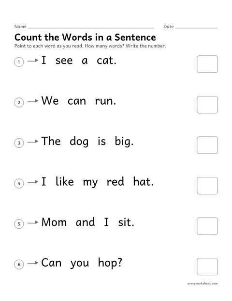 Preview of the printable “Count the words in a sentence” worksheet: reading left to right and counting the words in a sentence