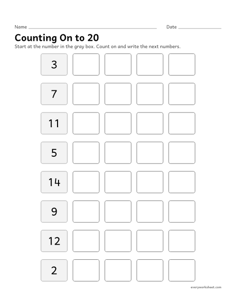 Preview of the printable “Counting on to 20” worksheet: counting forward from a given number within 20