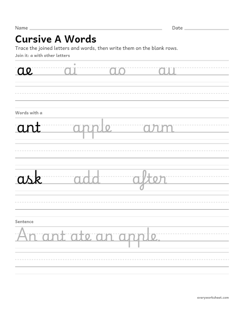 Preview of the printable “Cursive A words” worksheet: joining cursive a in words