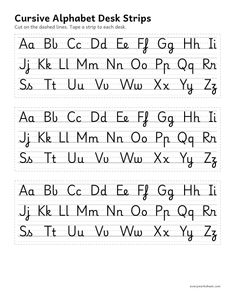 Preview of the printable “Cursive alphabet desk strips” worksheet: recognizing cursive letters