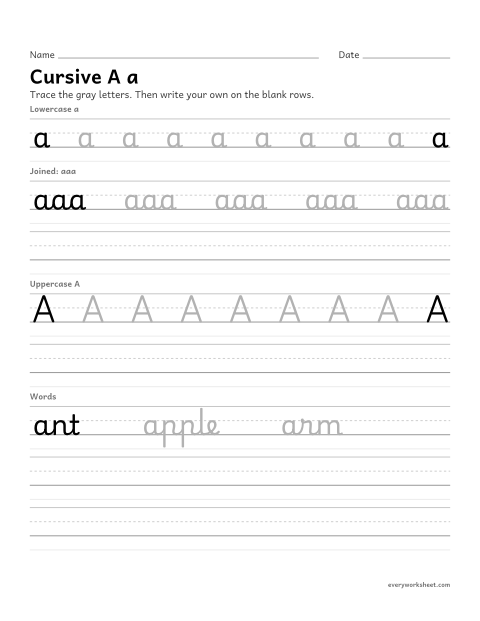 Preview of the printable “Cursive alphabet tracing packet A to Z (26 Pages)” worksheet: forming cursive letters A to Z
