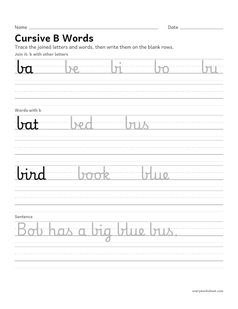 Preview of the printable “Cursive B words” worksheet: joining cursive b in words