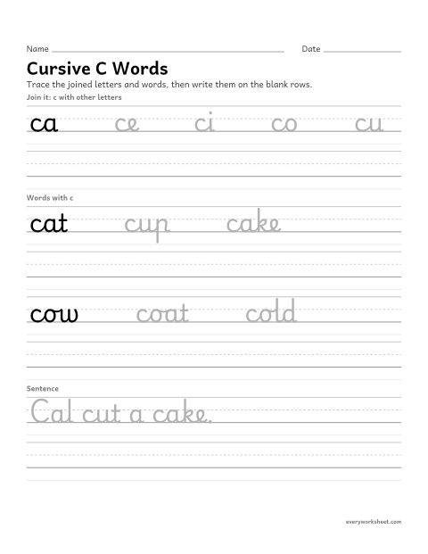 Preview of the printable “Cursive C words” worksheet: joining cursive c in words