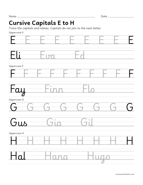Preview of the printable “Cursive capitals E to H” worksheet: forming cursive capital letters
