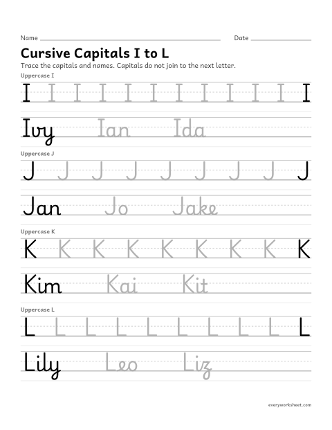 Preview of the printable “Cursive capitals I to L” worksheet: forming cursive capital letters