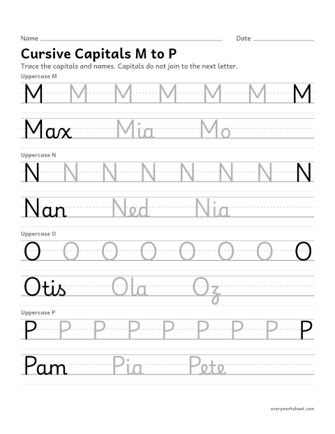 Preview of the printable “Cursive capitals M to P” worksheet: forming cursive capital letters