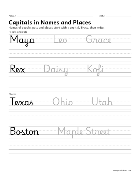 Preview of the printable “Cursive capitals in names and places” worksheet: writing capital letters in cursive