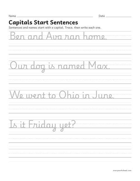 Preview of the printable “Cursive Capitals: start every sentence” worksheet: writing capital letters in cursive