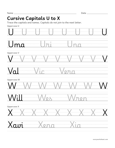 Preview of the printable “Cursive capitals U to X” worksheet: forming cursive capital letters