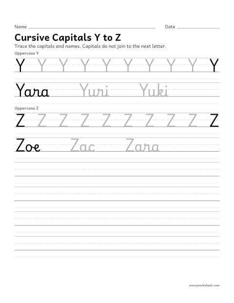 Preview of the printable “Cursive capitals Y to Z” worksheet: forming cursive capital letters