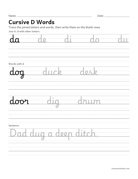 Preview of the printable “Cursive D words” worksheet: joining cursive d in words