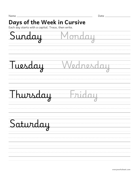 Preview of the printable “Days of the week in cursive” worksheet: writing the days of the week in cursive