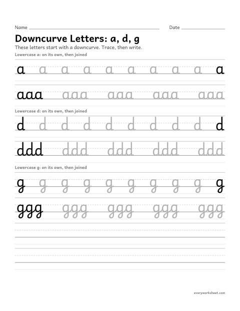 Preview of the printable “Cursive downcurve letters a, d, g” worksheet: forming cursive downcurve letters