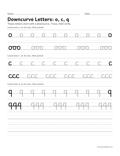 Preview of the printable “Cursive downcurve letters o, c, q” worksheet: forming cursive downcurve letters