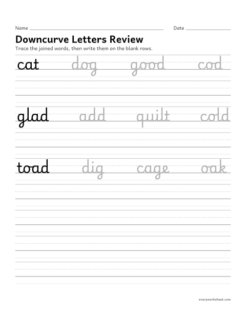 Preview of the printable “Cursive downcurve letters Review: words” worksheet: joining cursive downcurve letters in words