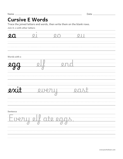 Preview of the printable “Cursive E words” worksheet: joining cursive e in words