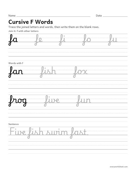 Preview of the printable “Cursive F words” worksheet: joining cursive f in words