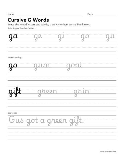 Preview of the printable “Cursive G words” worksheet: joining cursive g in words