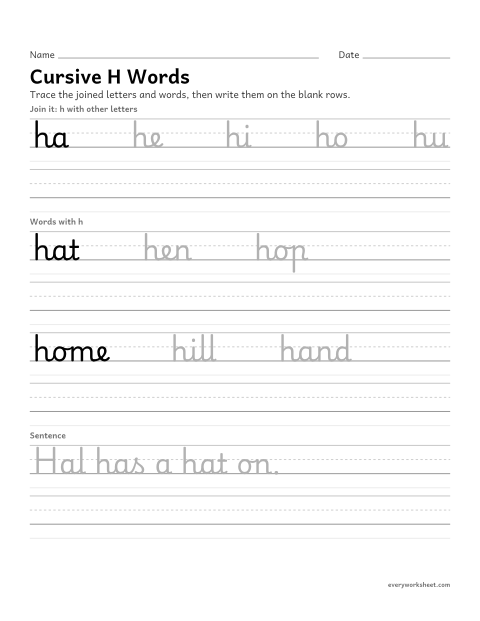 Preview of the printable “Cursive H words” worksheet: joining cursive h in words