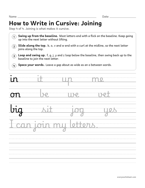 Preview of the printable “How to write in Cursive, step 4: joining letters” worksheet: joining cursive letters