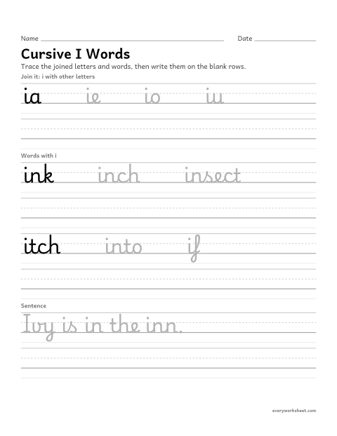 Preview of the printable “Cursive I words” worksheet: joining cursive i in words