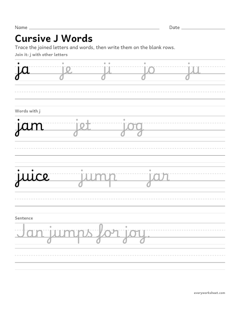 Preview of the printable “Cursive J words” worksheet: joining cursive j in words