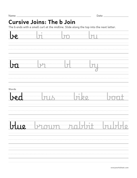 Preview of the printable “Cursive Joins: the b join” worksheet: joining cursive letters