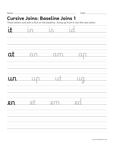 Preview of the printable “Cursive Joins: baseline joins 1” worksheet: joining cursive letters