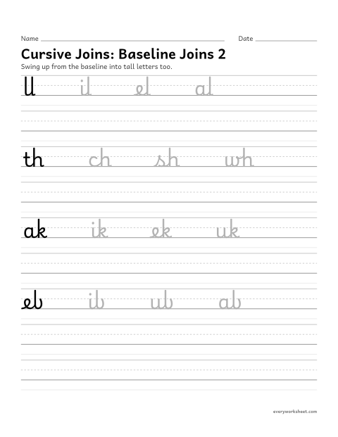 Preview of the printable “Cursive Joins: baseline joins 2” worksheet: joining cursive letters