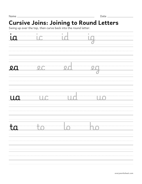 Preview of the printable “Cursive Joins: joining to round letters” worksheet: joining cursive letters