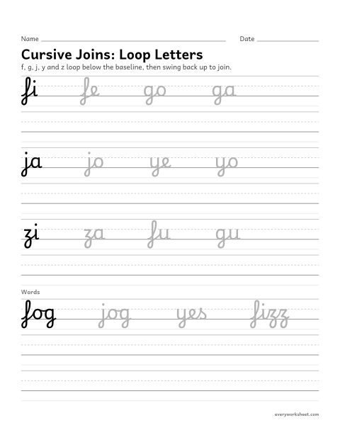 Preview of the printable “Cursive Joins: loop letters f, g, j, y and z” worksheet: joining cursive letters