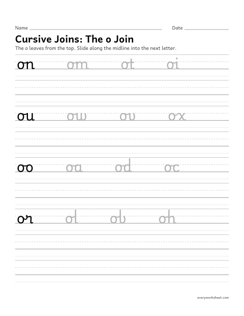 Preview of the printable “Cursive Joins: the o join” worksheet: joining cursive letters
