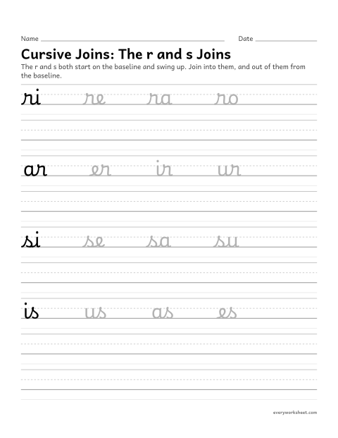 Preview of the printable “Cursive Joins: the r and s joins” worksheet: joining cursive letters