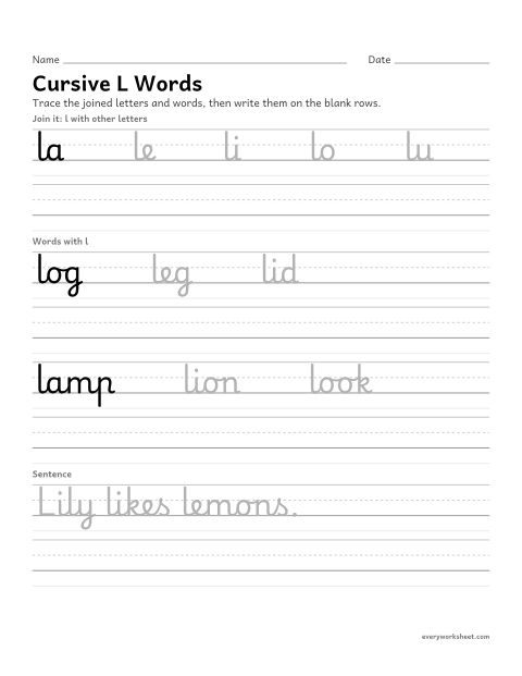 Preview of the printable “Cursive L words” worksheet: joining cursive l in words