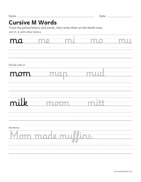 Preview of the printable “Cursive M words” worksheet: joining cursive m in words