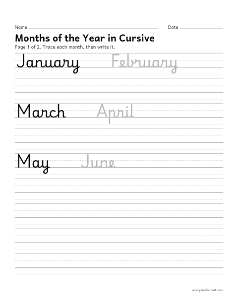 Preview of the printable “Months of the year in cursive (2 Pages)” worksheet: writing the months in cursive